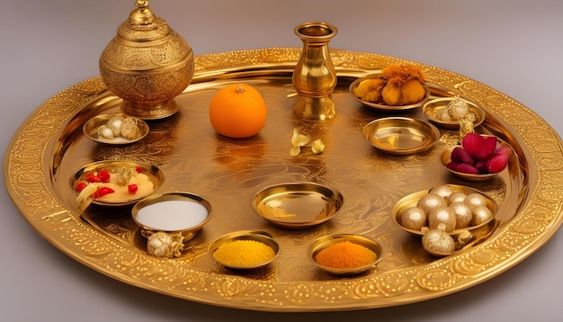 uma bandeja com uma variedade de itens, incluindo um item de ouro e um prato com um item de ouro nele