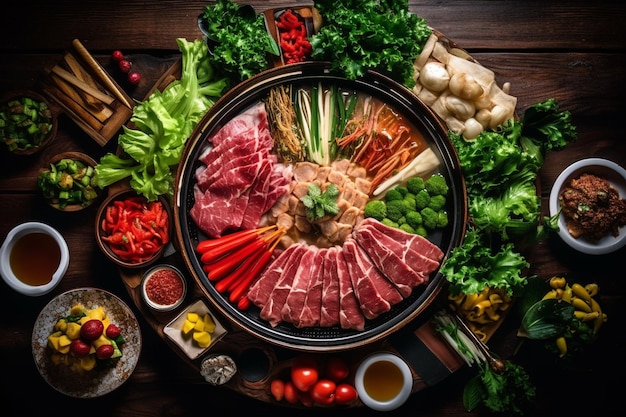 uma bandeja de alimentos, incluindo carne, vegetais e carne