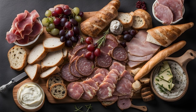 uma bandeja de alimentos, incluindo queijo de carne e pão