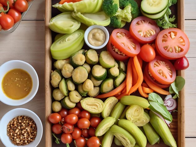 Uma bandeja de aperitivos com legumes frescos em uma mesa de madeira