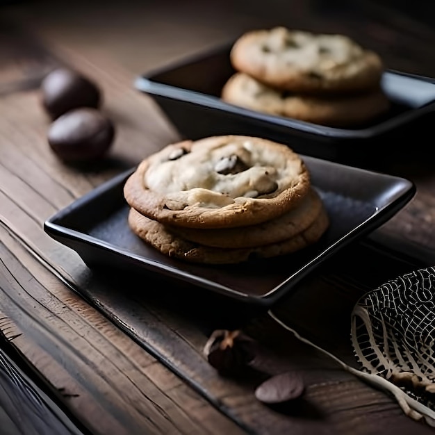 Uma bandeja de biscoitos de chocolate recem assados sobre uma mesa de madeira rustica