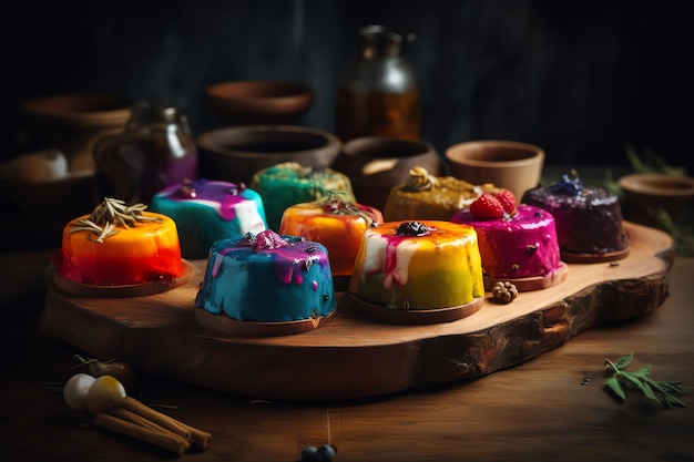 Uma bandeja de bolos de gelatina coloridos com paus de canela ao lado.