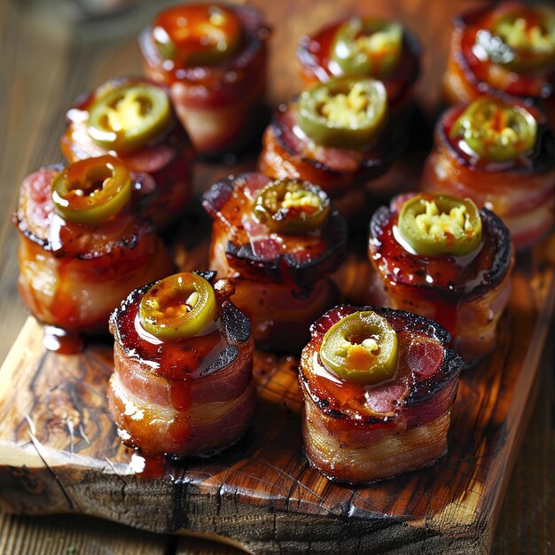 uma bandeja de carne envolta em bacon com azeitonas verdes e jalapenos