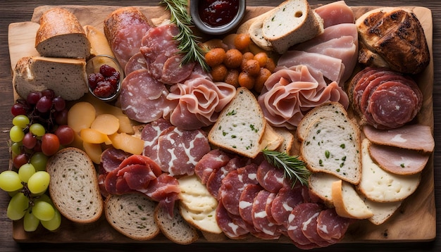 uma bandeja de carnes queijo e carnes em uma mesa de madeira