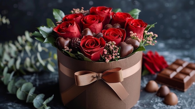 Uma bandeja de chocolates e rosas na mesa