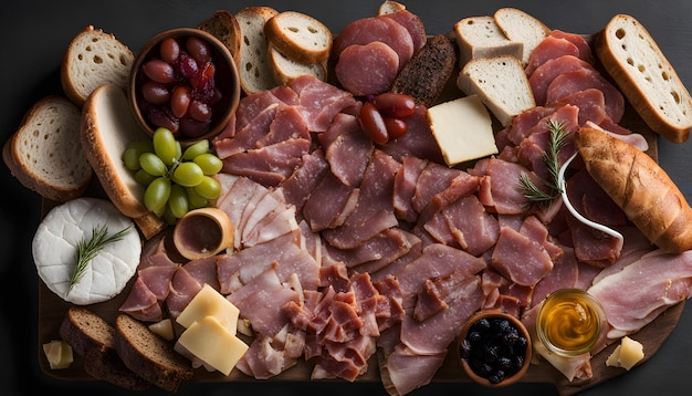 uma bandeja de comida com carne de queijo e queijo