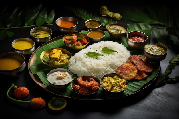 Uma bandeja de comida, incluindo arroz, arroz e legumes.