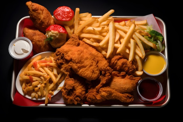 uma bandeja de comida, incluindo frango frito, batatas fritas e ketchup