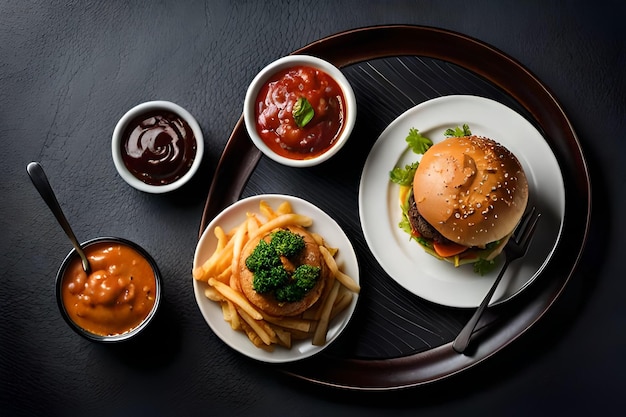 Uma bandeja de comida, incluindo um hambúrguer e ketchup.