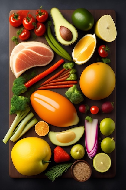 Uma bandeja de comida, incluindo uma variedade de frutas e legumes.
