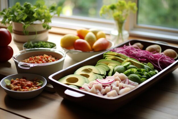 Foto uma bandeja de comida, incluindo vegetais e frutas em uma mesa