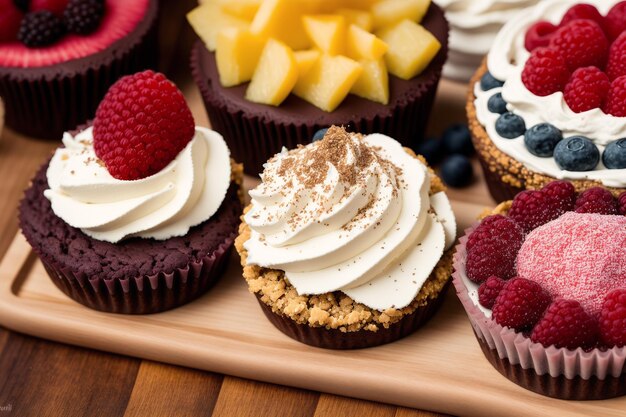 Foto uma bandeja de cupcakes com sabores diferentes