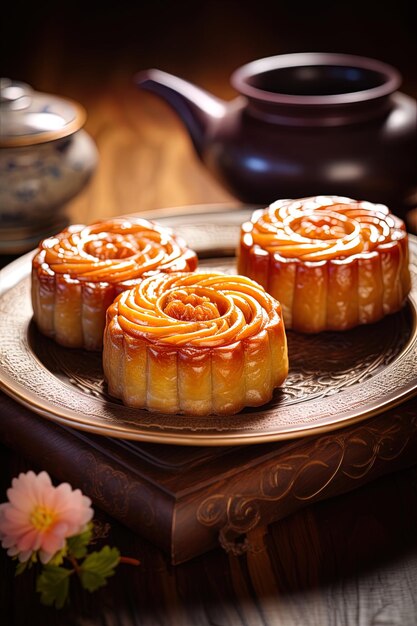 uma bandeja de cupcakes com uma flor nele