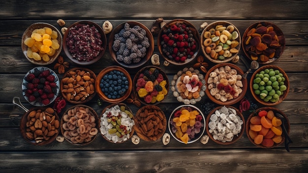Uma bandeja de diferentes tipos de frutas, incluindo nozes, nozes e frutas secas.