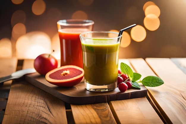 Uma bandeja de frutas e um copo de suco com canudo.