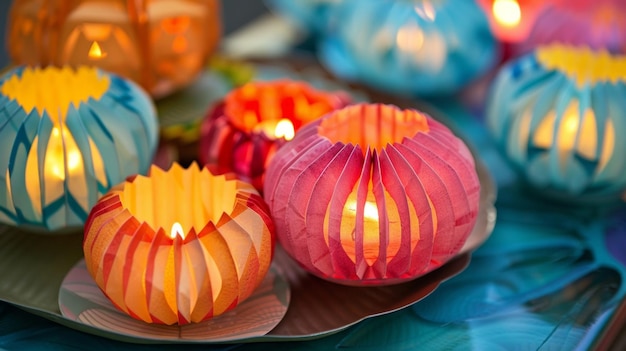 Foto uma bandeja de lanternas de papel lindamente trabalhadas representando a esperança e a luz que o diwali traz