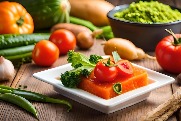 Uma bandeja de legumes, incluindo tomates, brócolis e aipo.