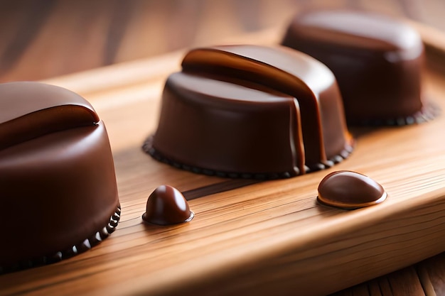 Uma bandeja de madeira com três pequenos chocolates
