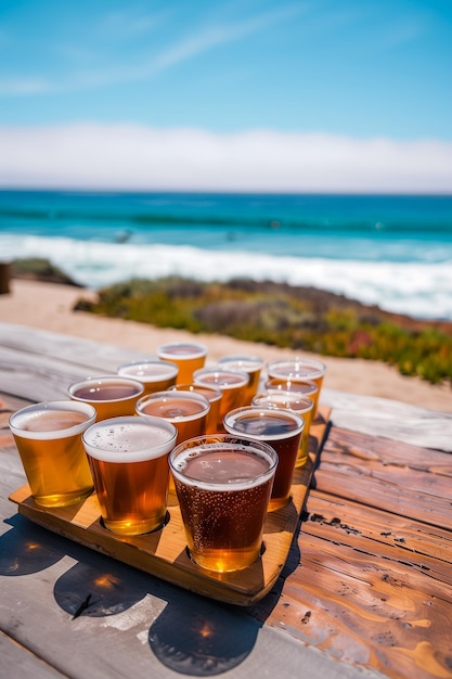 Foto uma bandeja de madeira com uma variedade de copos de cerveja