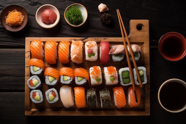 Uma bandeja de madeira de sushi com uma variedade de ingredientes.