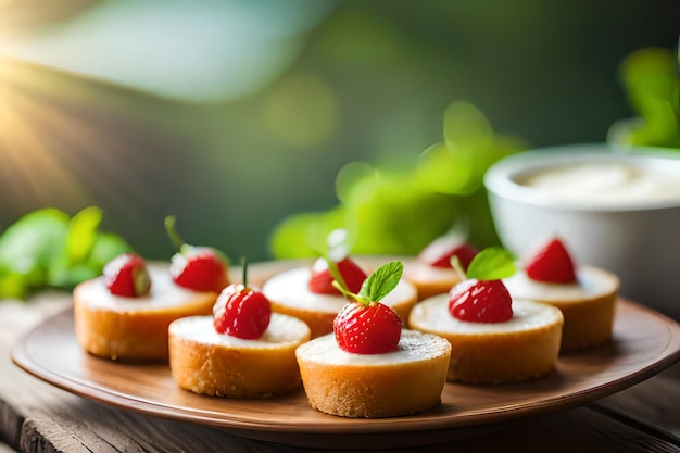 Uma bandeja de mini bolinhos com morangos e queijo creme.