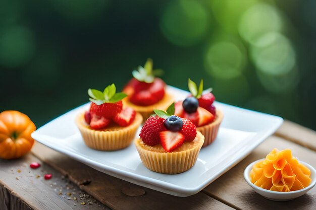 uma bandeja de mini cupcakes com morangos e um cupcake em uma mesa de madeira