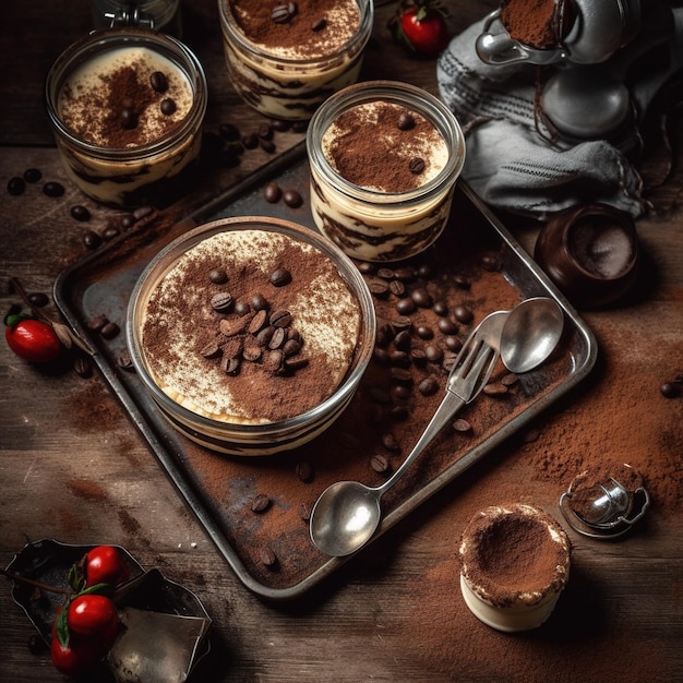 Uma bandeja de mousse de chocolate com grãos de café