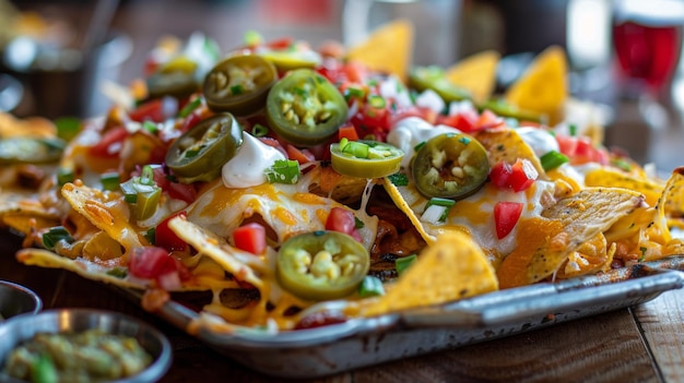 Foto uma bandeja de nachos carregados com queijo derretido jalapenos creme azedo guacamole e salsa um aperitivo popular para compartilhar