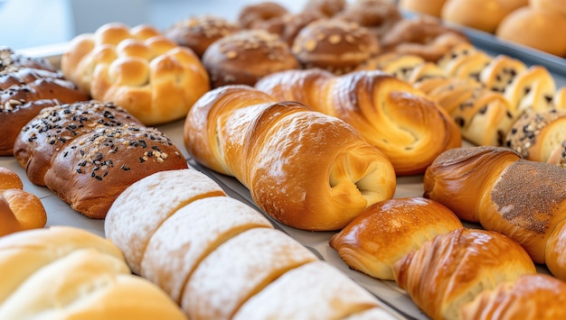 Foto uma bandeja de pães e bolos variados em uma padaria
