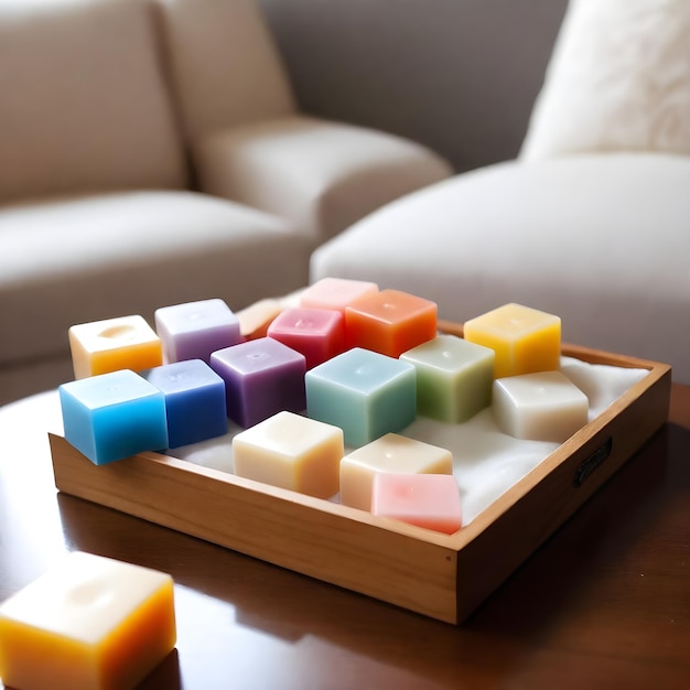 Uma bandeja de perfumes sólidos coloridos em uma mesa em sua sala de estar