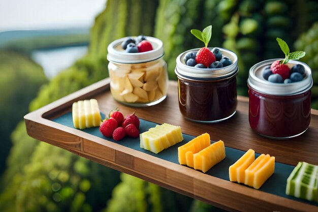 uma bandeja de queijos com frutas e bananas