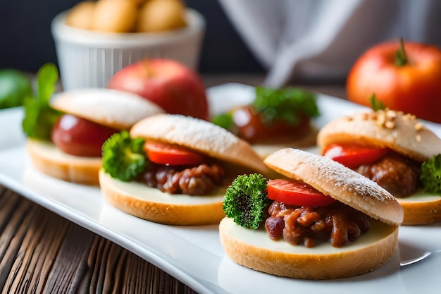 uma bandeja de sanduíches com carne e legumes sobre uma mesa.