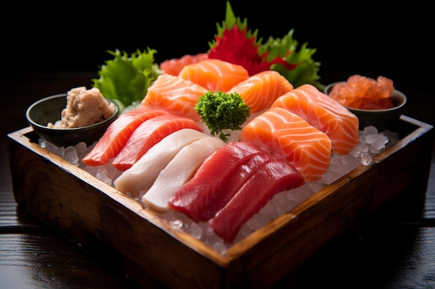 uma bandeja de sushi com diferentes tipos de sushi