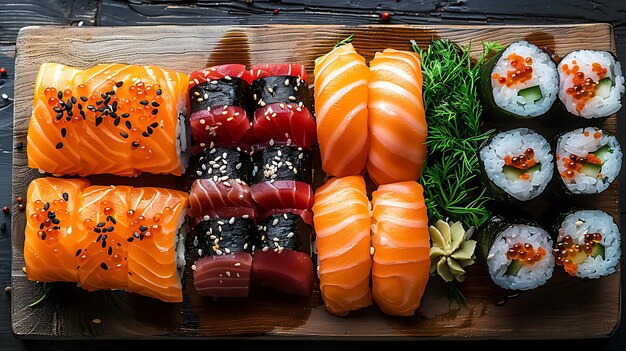 Foto uma bandeja de sushi com diferentes tipos de sushi