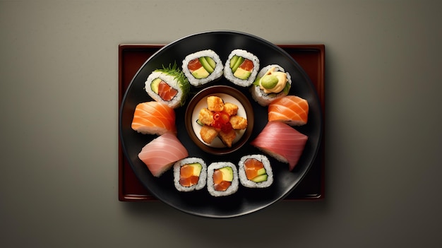 Uma bandeja de sushi e outros alimentos, incluindo uma tigela de molho