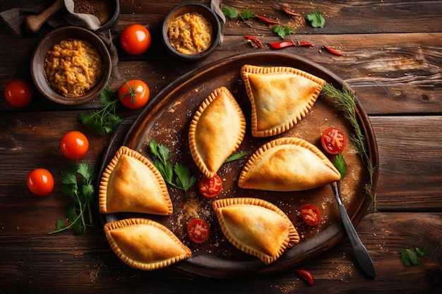 uma bandeja de tartes com tomates e ervas