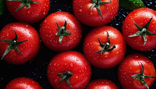 Uma bandeja de tomates com gotas de água sobre eles