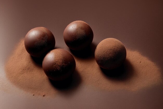 Uma bandeja de trufas de chocolate com chocolate ao fundo