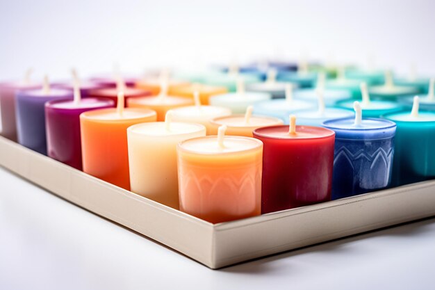 Foto uma bandeja de velas com diferentes cores de velas