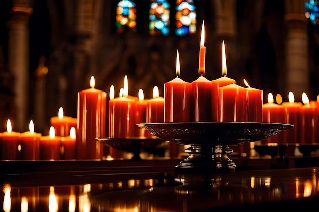 Uma bandeja de velas vermelhas com uma igreja ao fundo