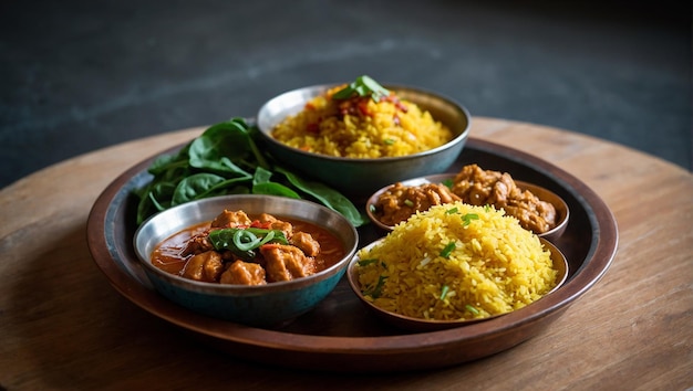 Uma bandeja redonda de cobre com três tigelas de cobre Uma tigela está cheia de arroz amarelo outra com espina