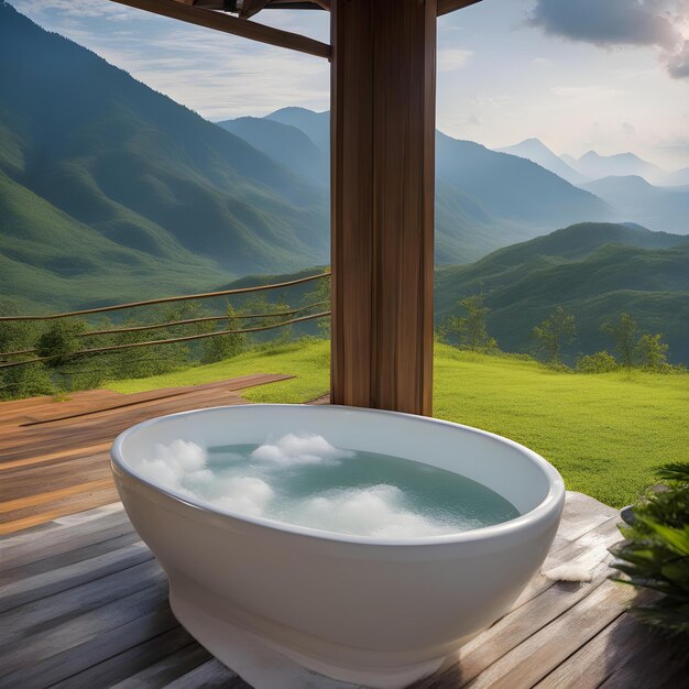 Foto uma banheira branca com uma vista de montanhas e montanhas