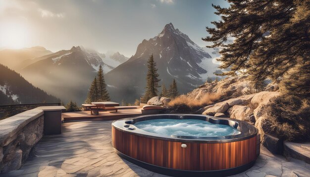 uma banheira de água quente com vista para as montanhas