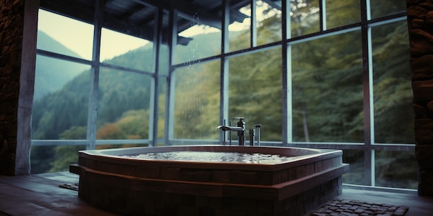 Uma banheira de banho quente sentada ao lado de uma grande janela