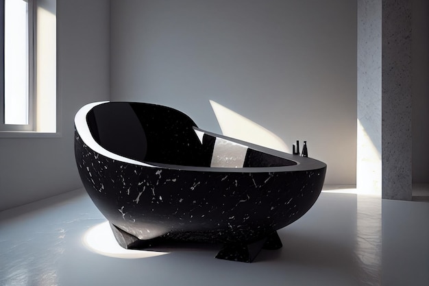 Uma banheira preta com tampo de mármore preto fica em uma sala branca.