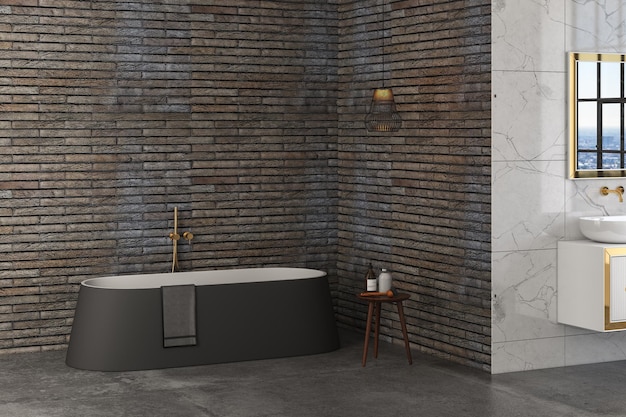 Uma banheira preto-branca em um piso de concreto com fundo de tijolo escuro. renderização em 3D