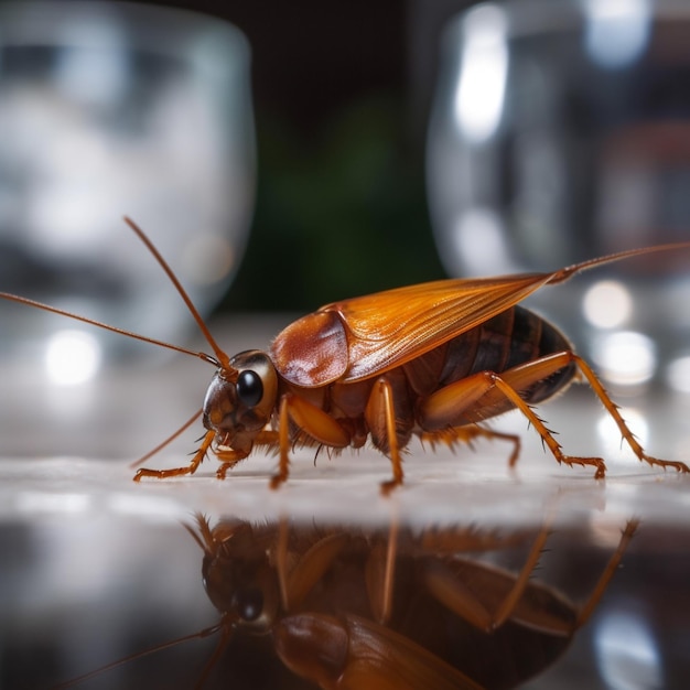 Uma barata está sobre uma mesa com um copo ao fundo.