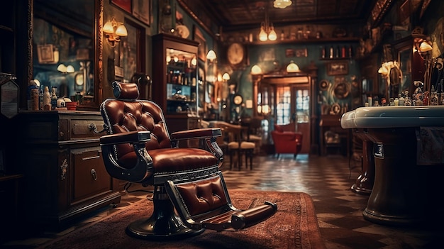 Foto uma barbearia com uma cadeira de couro no canto da sala