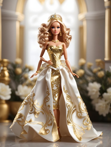 Foto uma barbie com um vestido dourado e branco e uma tiara dourada na cabeça