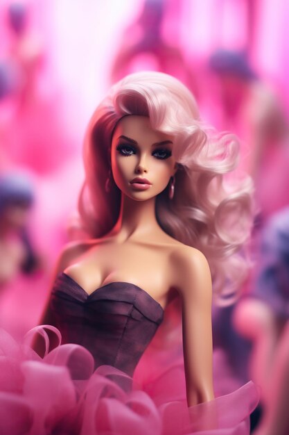 uma barbie com um vestido rosa no rosto